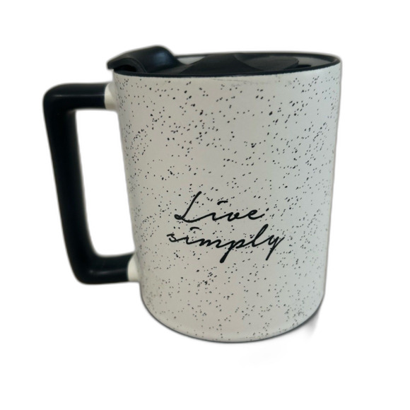 Live simply graphic White Speckled Ceramic Travel Mug with Lid and Rubber Base. - Picture 4 of 12